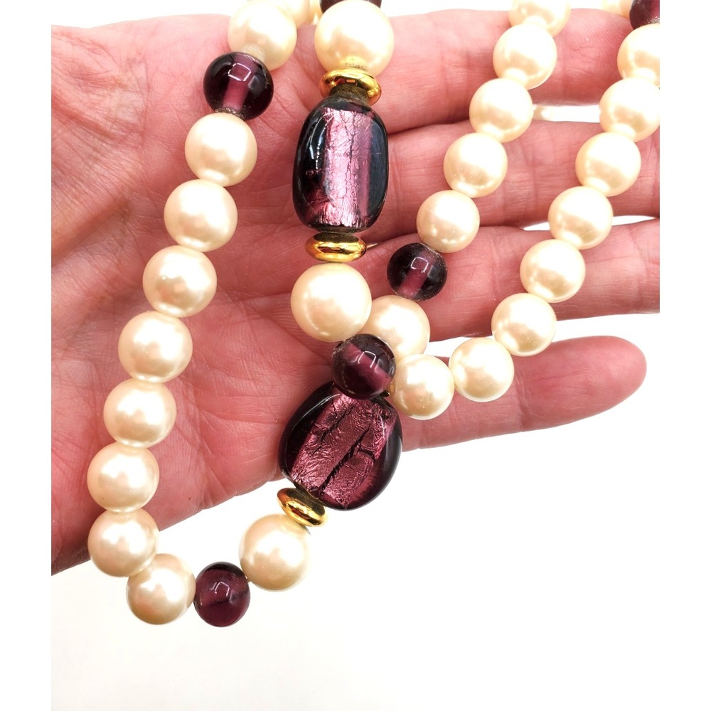 Vintage Marvella 36" Faux Pearl Opera Necklace Purple Foil Art Glass Beads
